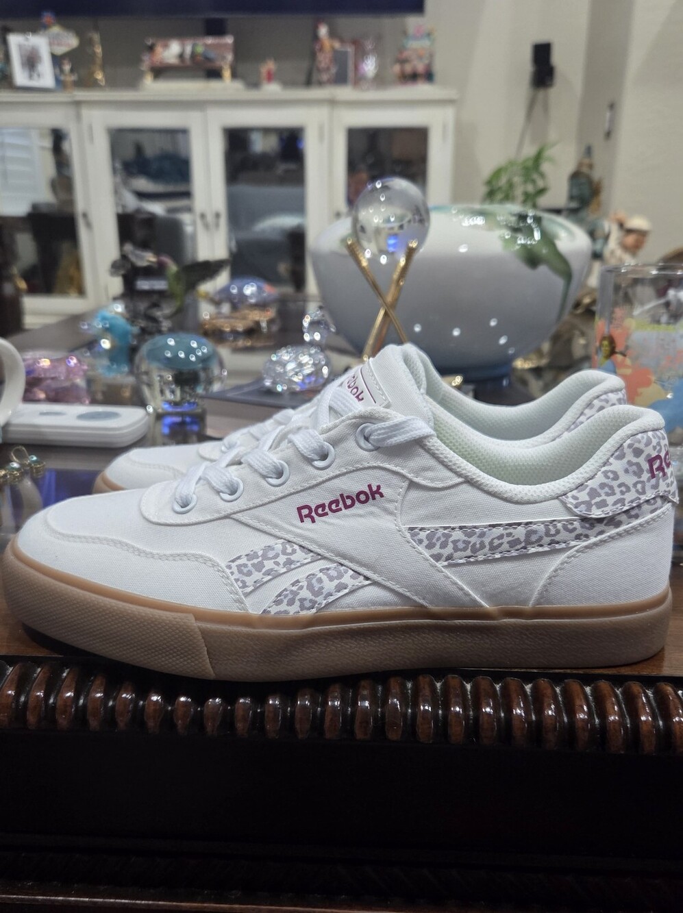 Reebok Womams  White Leopard-Accent Sneakers